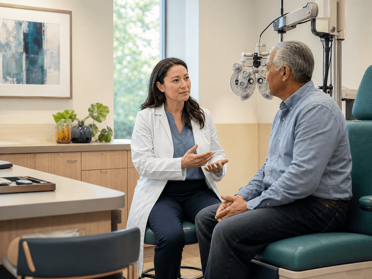 Ophthalmologist discussing an eye exam with an older patient