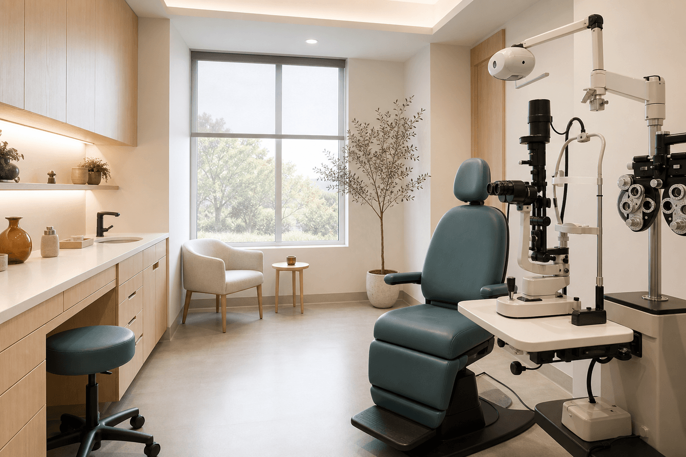 Eye examination room with teal chair and diagnostic equipment