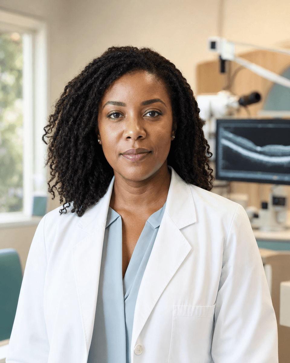 Portrait representation of fictional ophthalmologist Lena Okafor